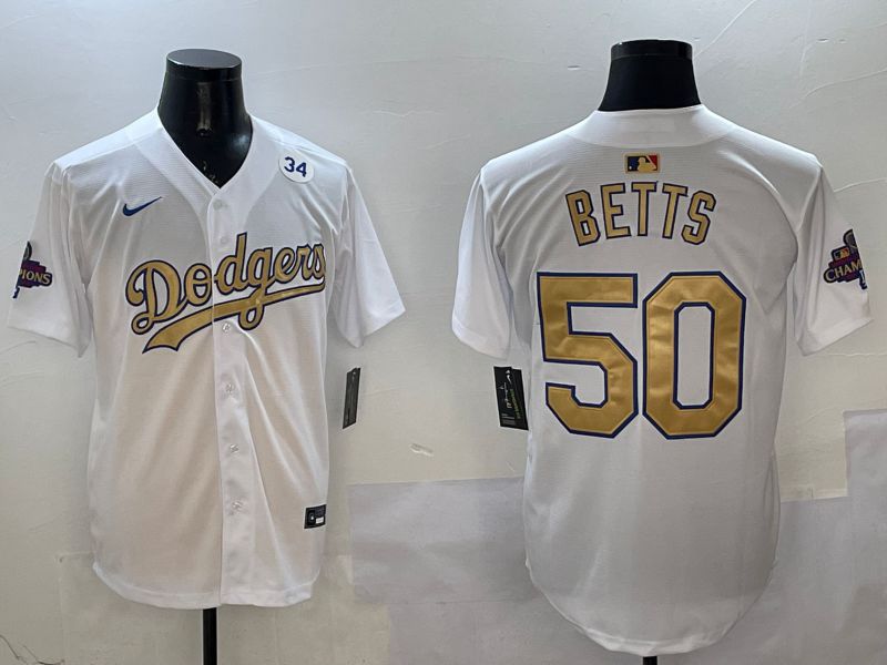Men Los Angeles Dodgers #50 Betts White Champion gold character 2025 Nike MLB Jersey style 9